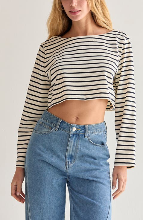 Striped Boatneck Crop Knit Top