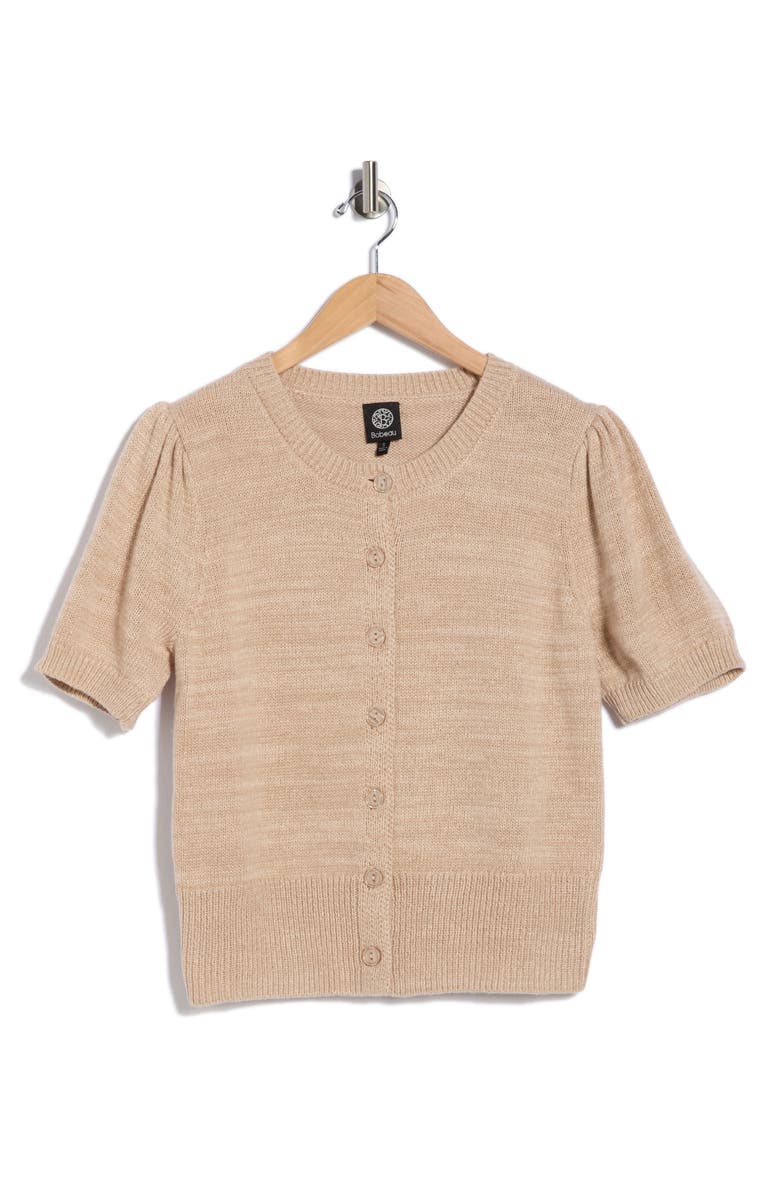 Bobeau Puff Short Sleeve Button Front Cardigan, Alternate, color, Heather Oatmeal