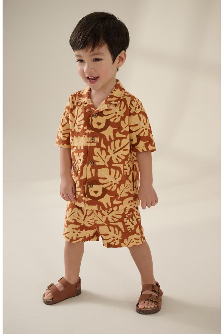 Kids' Safari Print Cotton Camp Shirt & Drawstring Shorts Set, Alternate, color, BROWN