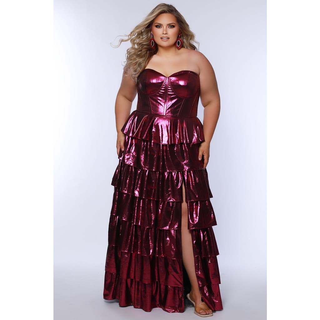 Sydney's Closet Strapless Sweetheart Neckline Tiered Plus Size Gown In Magenta