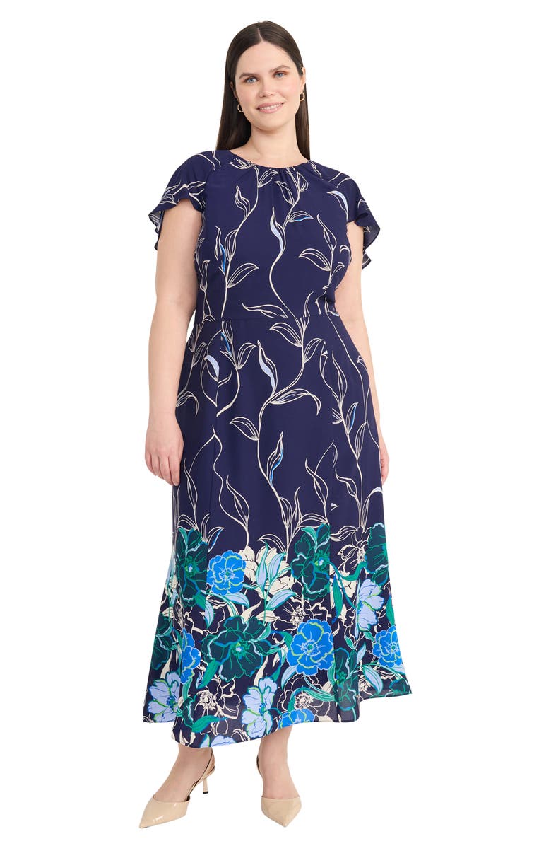 Maggy London Floral Ruffle Sleeve Dress, Alternate, color, Navy Multi