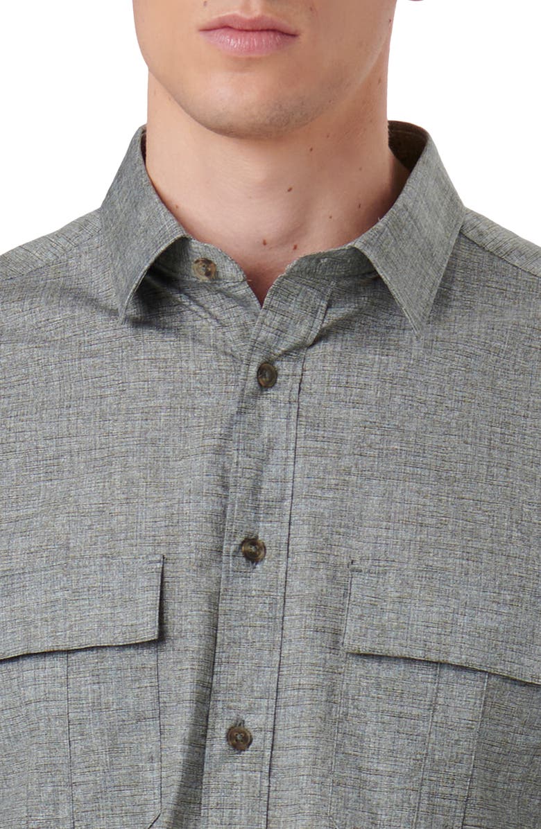 Bugatchi Jasper Shaped Fit Heather Stretch Chambray Button-Up Shirt, Alternate, color, Khaki