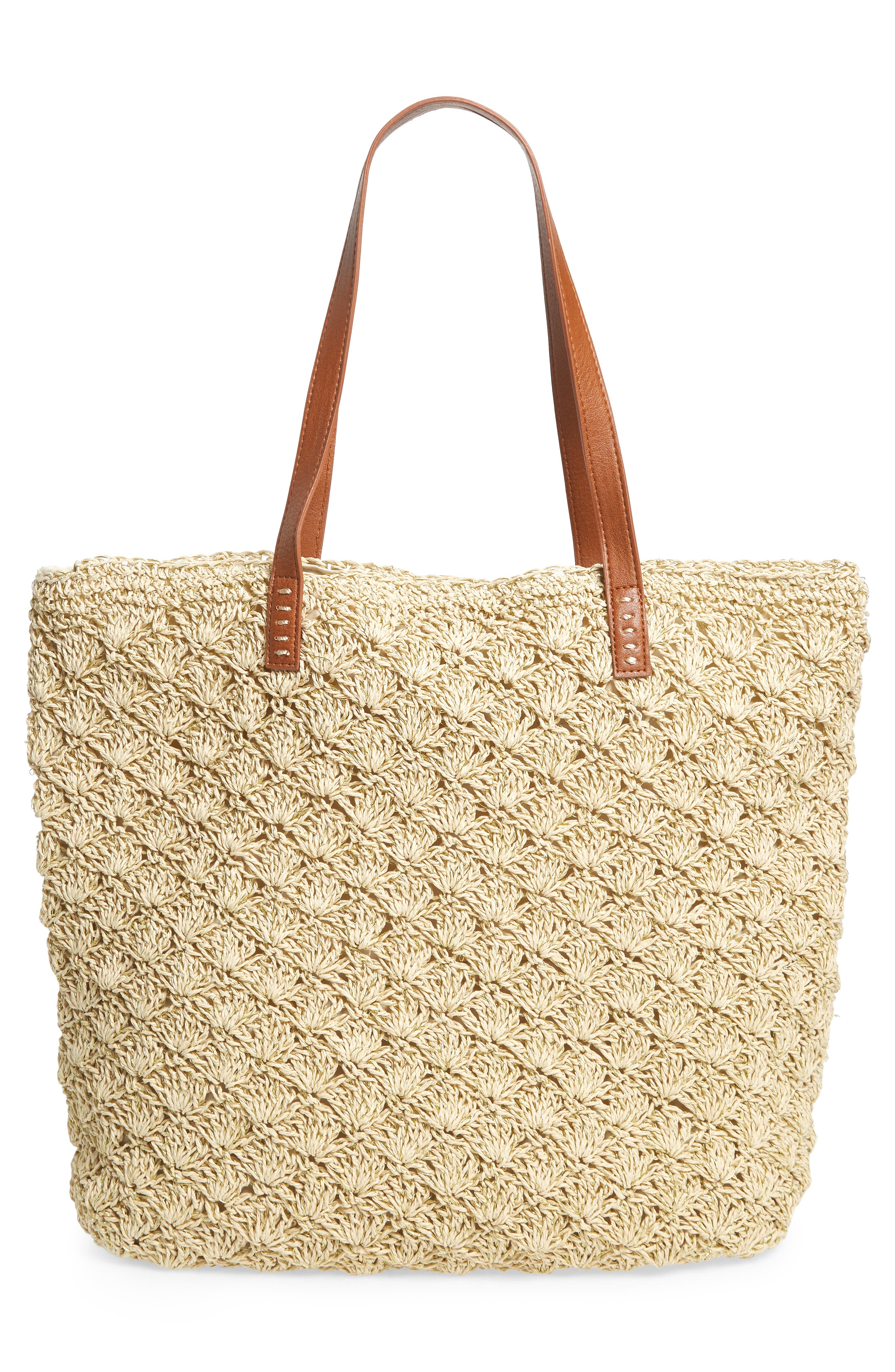 Barnet Metallic Straw Packable Woven Tote, Alternate, color, NATURAL