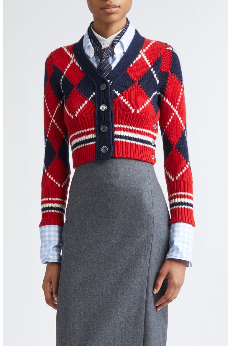 Argyle Intarsia Shrunken Virgin Wool Blend Cardigan, Main, color, RED/ WHITE/ BLUE