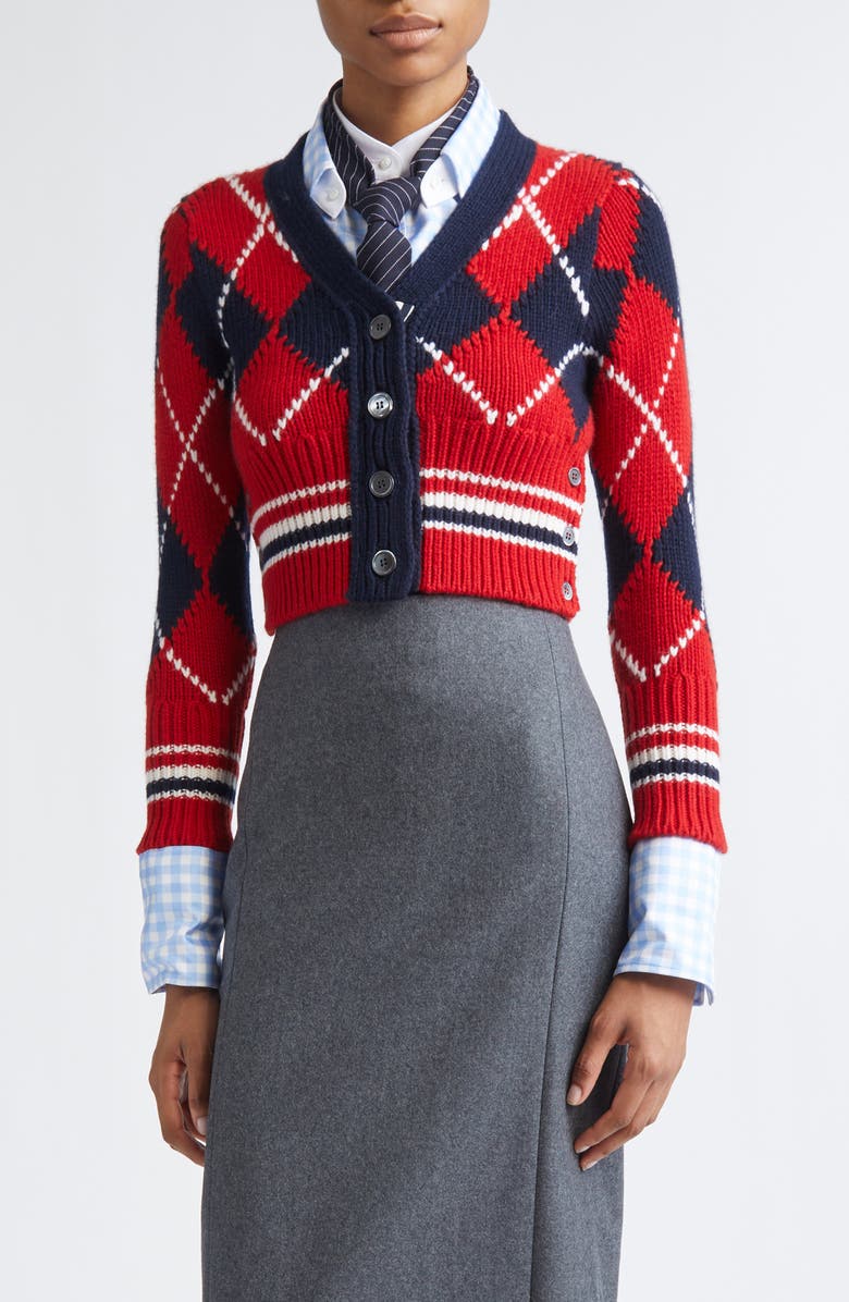 Thom Browne Argyle Intarsia Shrunken Virgin Wool Blend Cardigan, Main, color, Red/ White/ Blue
