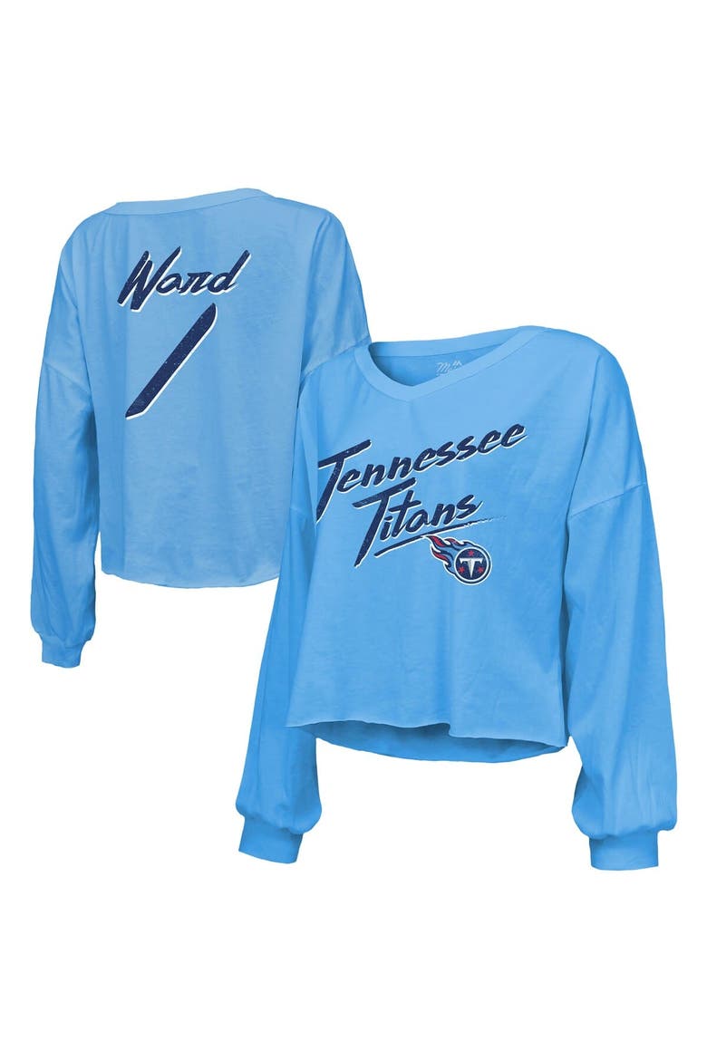 Women's Majestic Threads Cam Ward Light Blue Tennessee Titans 2025 NFL Draft First Round Pick Off-Shoulder Script Name & Number V-Neck T-Shirt, Main, color, Light Blue