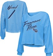 Majestic Threads Women's Majestic Threads Cam Ward Light Blue Tennessee Titans 2025 NFL Draft First Round Pick Off-Shoulder Script Name & Number V-Neck T-Shirt