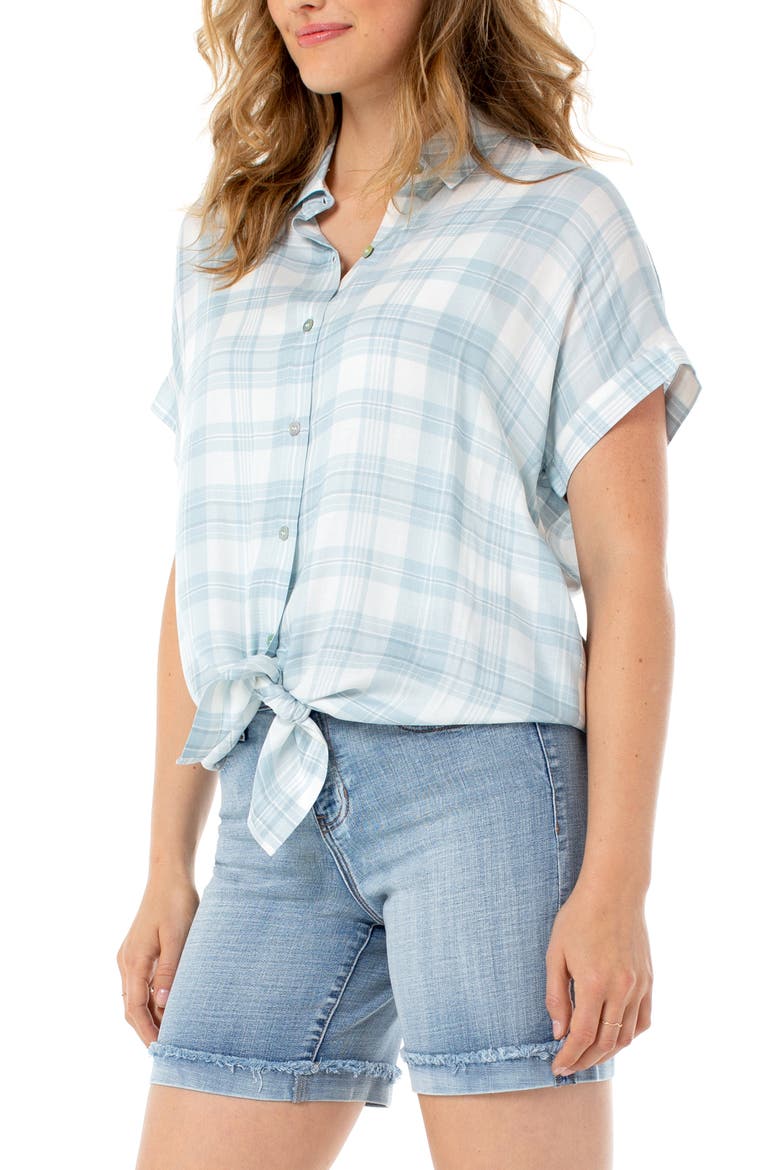 Plaid Tie Front Short Sleeve Button-Up Shirt, Alternate, color, BLUE/ WHITE PLAID