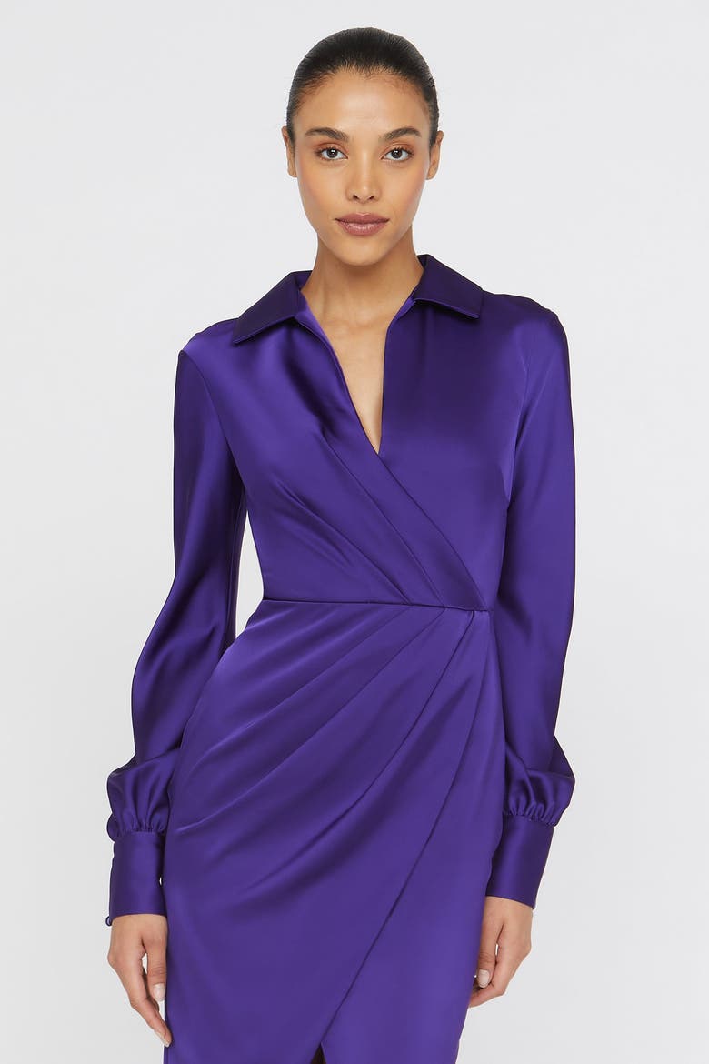 Steph Shirt Wrap Button Down Satin Dress, Alternate, color, Empress Violet