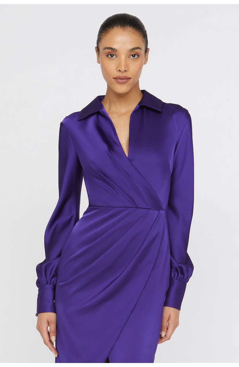 Theia Steph Shirt Wrap Button Down Satin Dress, Alternate, color, Empress Violet