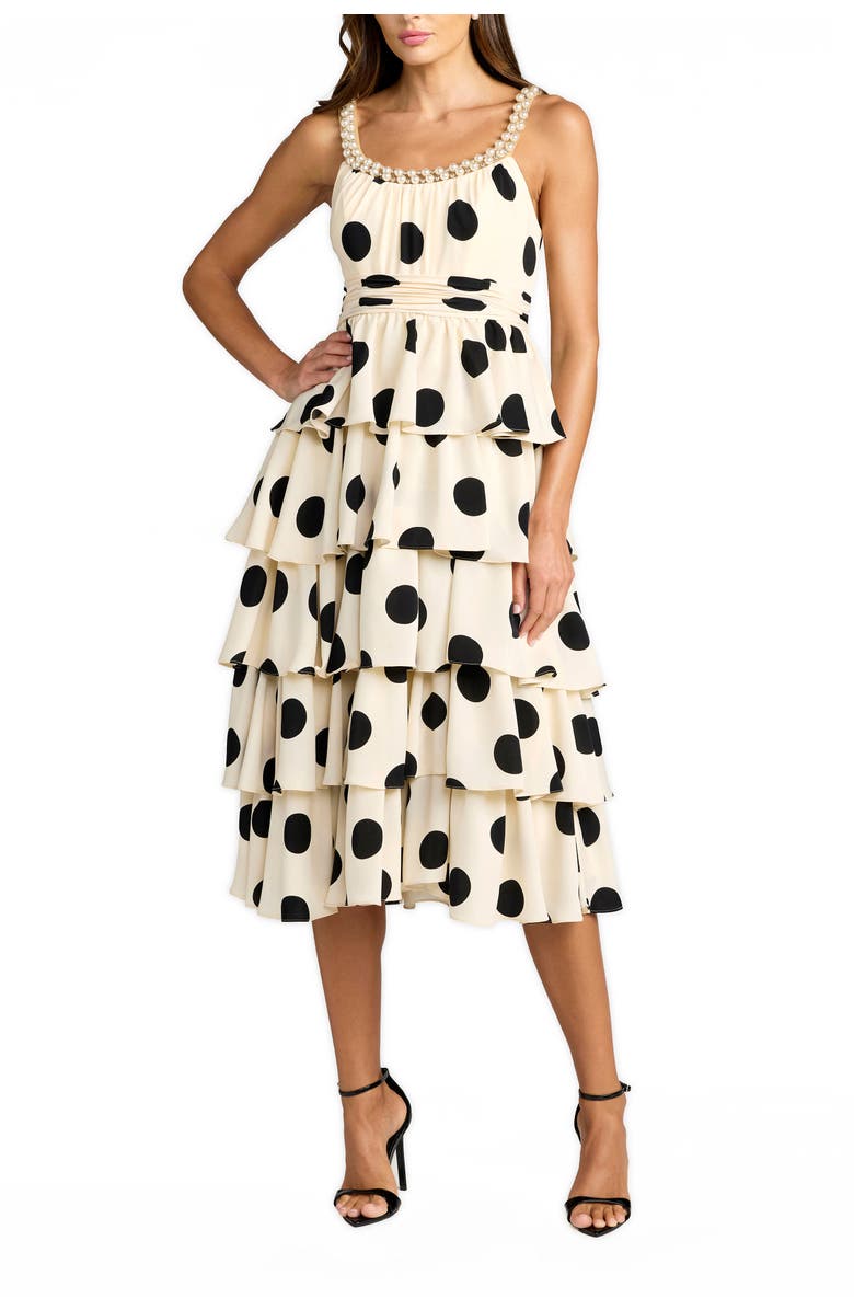 Mac Duggal Polka Dot Charmeuse Scoop Neck Ruffle Midi Dress, Main, color, Black Ivory