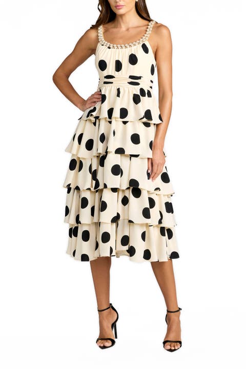 Polka Dot Charmeuse Scoop Neck Ruffle Midi Dress