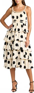Mac Duggal Women's Polka Dot Charmeuse Scoop Neck Ruffle Midi Dress