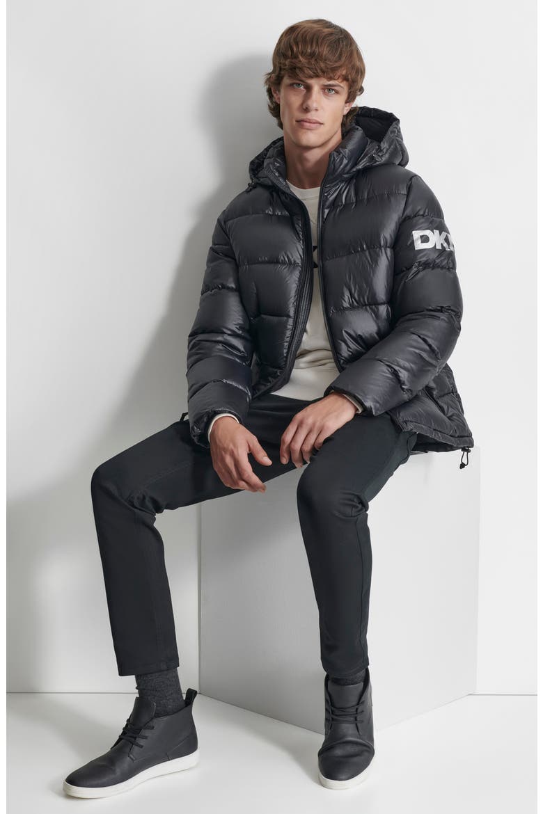 Hooded Nylon Puffer Jacket, Alternate, color, BLACK