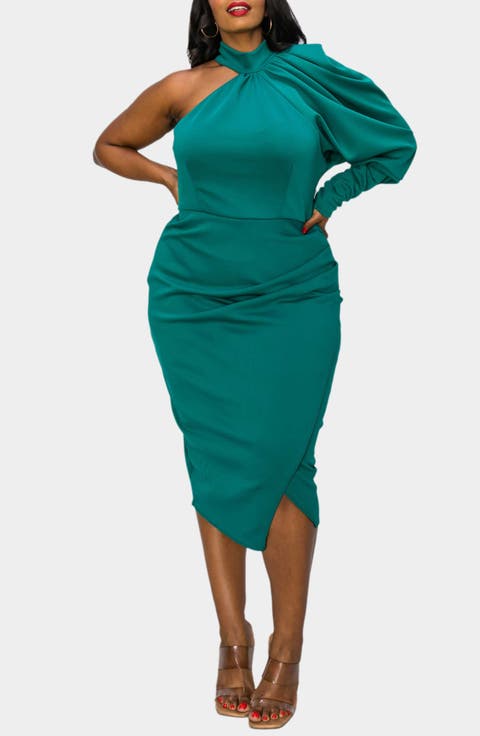 Gigi One-Shoulder Long Sleeve Midi Dress (Plus)