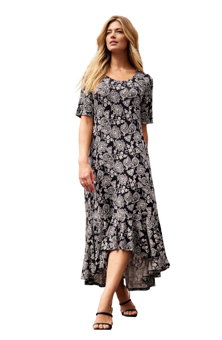 Jessica London Stretch Knit Flounce Hem Maxi Dress, Main, color, Black White Ornate Paisley