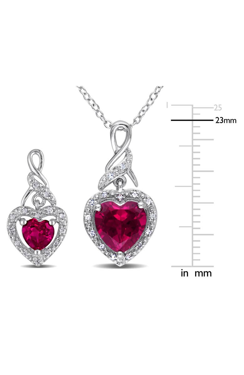 DELMAR Sterling Silver Lab Grown Ruby Heart & Diamond Necklace & Earrings Set, Alternate, color, Red