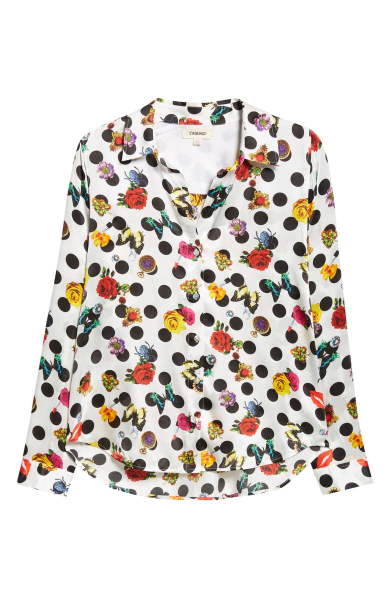 L'AGENCE Tyler Floral Polka Dot Silk Button-Up Shirt, Alternate, color,