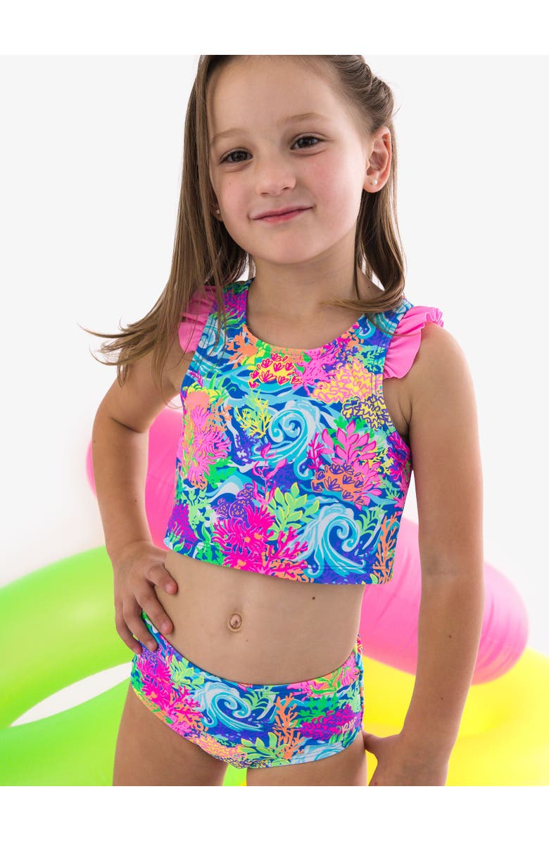 RuffleButts UPF50+ Sun Protected Racerback Flutter Tankini 2-Piece Swimsuit, Alternate, color, Neon Ocean Coral