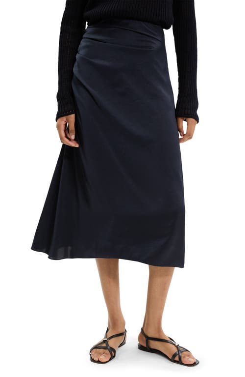 Theory Ruched Midi Skirt In Crushed Satin In Black