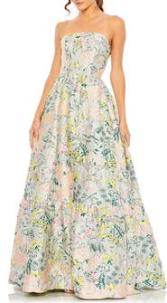 Mac Duggal Floral Brocade Strapless A Line Gown
