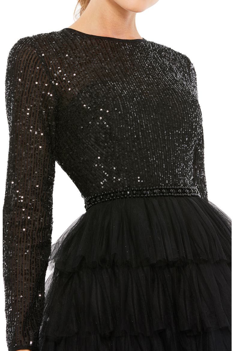 Sequined Layered Tulle A-Line Cocktail Dress, Alternate, color, BLACK
