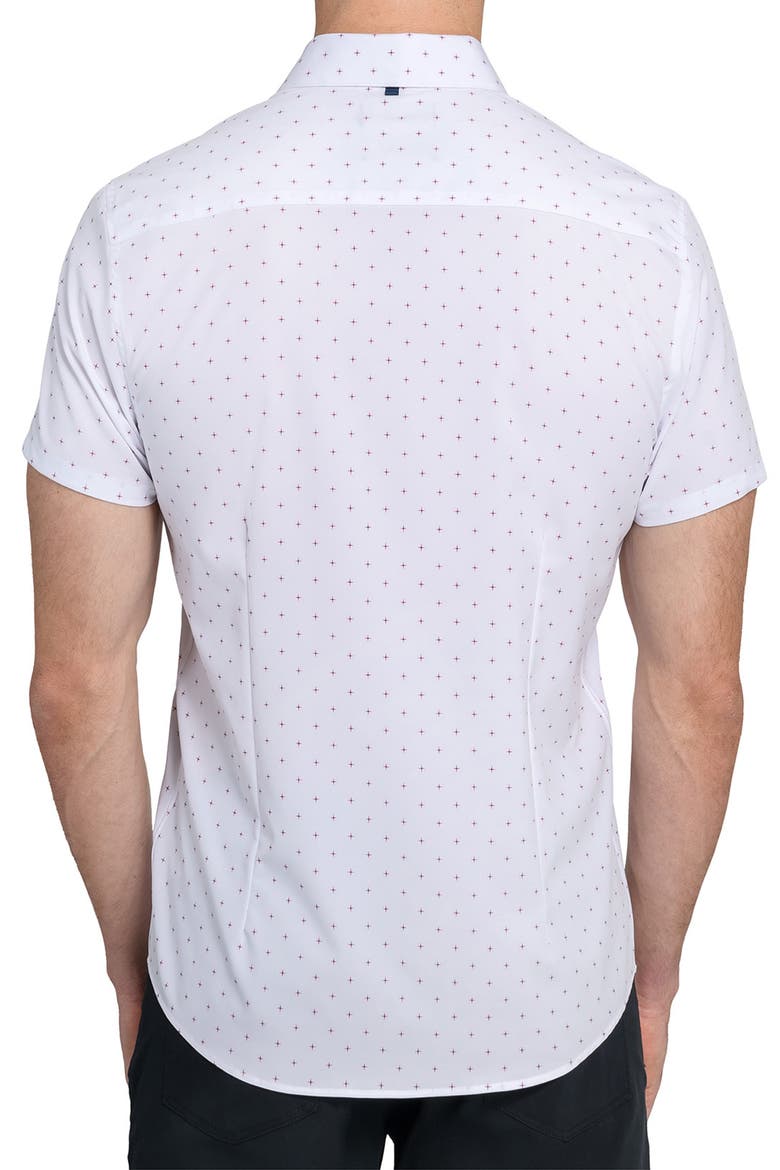 Trim Fit Abstract Star Print Short Sleeve Performance Button-Up Shirt, Alternate, color, WHITE/ BLACK