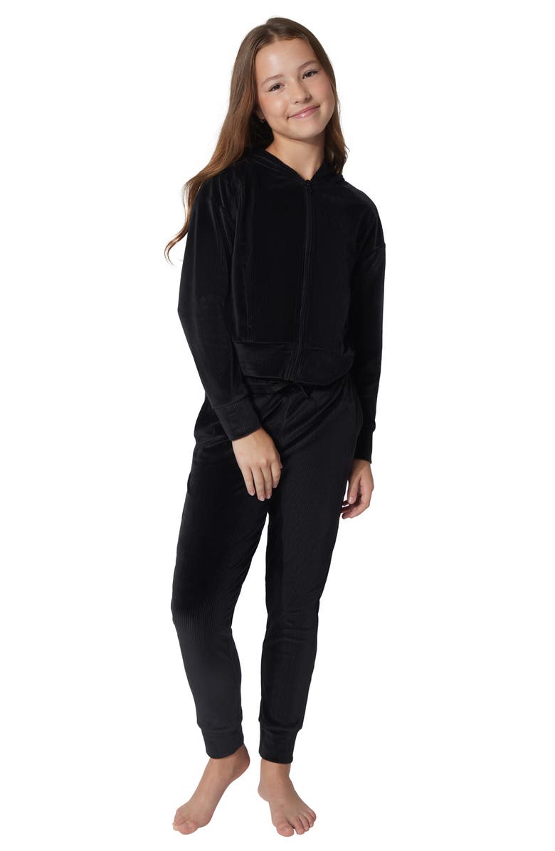 90 DEGREE BY REFLEX Kids' Rib Velour Castle Zip Hoodie & Joggers Set, Alternate, color, Black