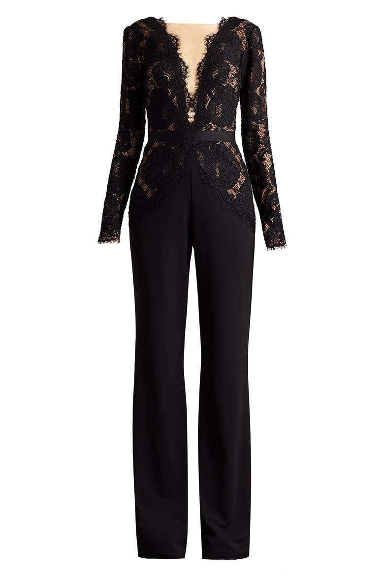 Mixed Media Plunge Neck Long Sleeve Cotton Blend Jumpsuit, Alternate, color, BLACK/ BEIGE