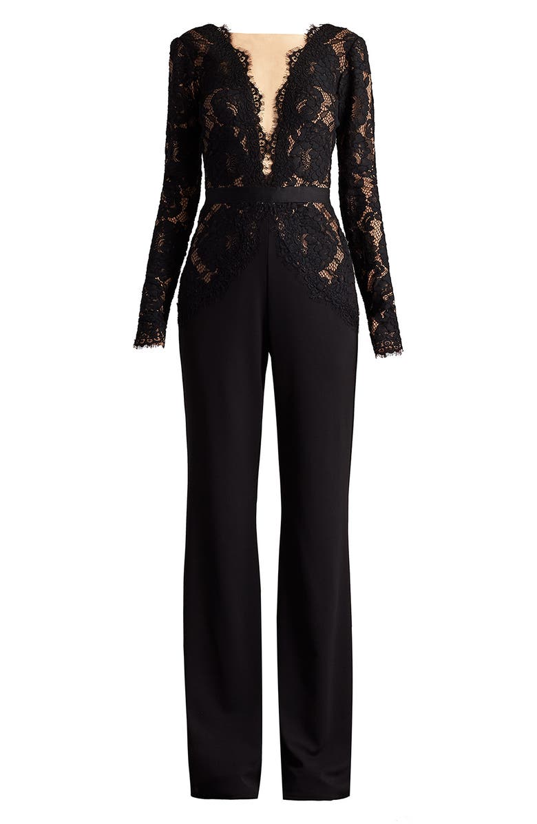 Tadashi Shoji Mixed Media Plunge Neck Long Sleeve Cotton Blend Jumpsuit, Alternate, color, Black/ Beige