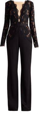 Tadashi Shoji Mixed Media Plunge Neck Long Sleeve Cotton Blend Jumpsuit