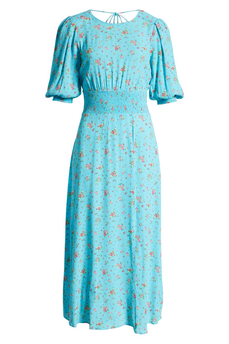 Print Smocked Waist Midi Dress, Alternate, color, BLUE ROSETTE