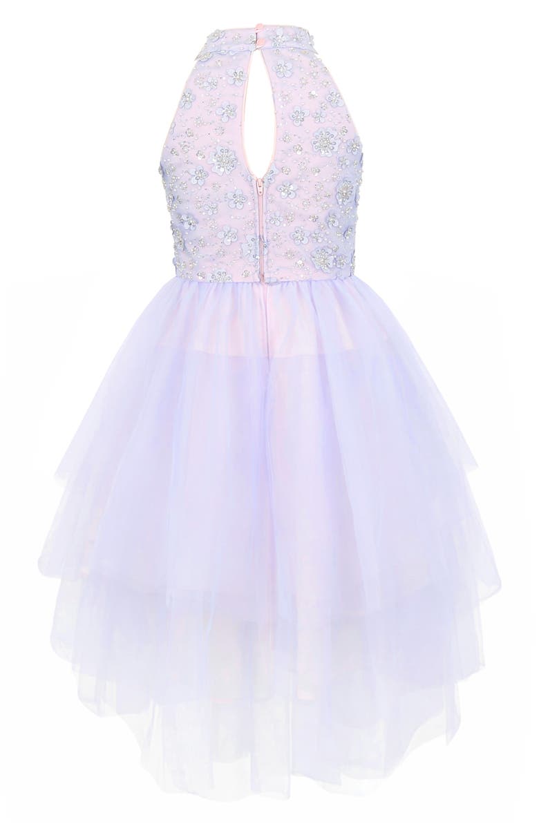 Zunie Kids' Sequin Embellished Bodice High-Low Mesh Skirt Party Dress, Alternate, color, Blue/ Pink