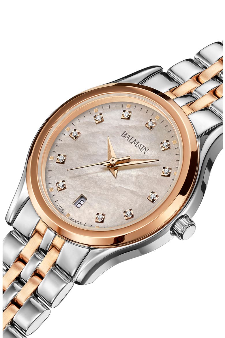 Beleganza Diamond & Mother-of-Pearl Bracelet Watch, 27.5mm, Alternate, color, TWO TONE STEEL ROSE PVD