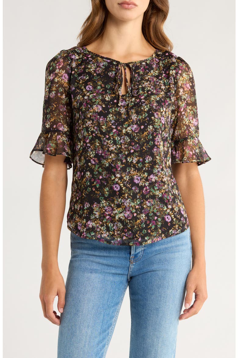 Floral Split Neck Top, Main, color, RICH BLACK