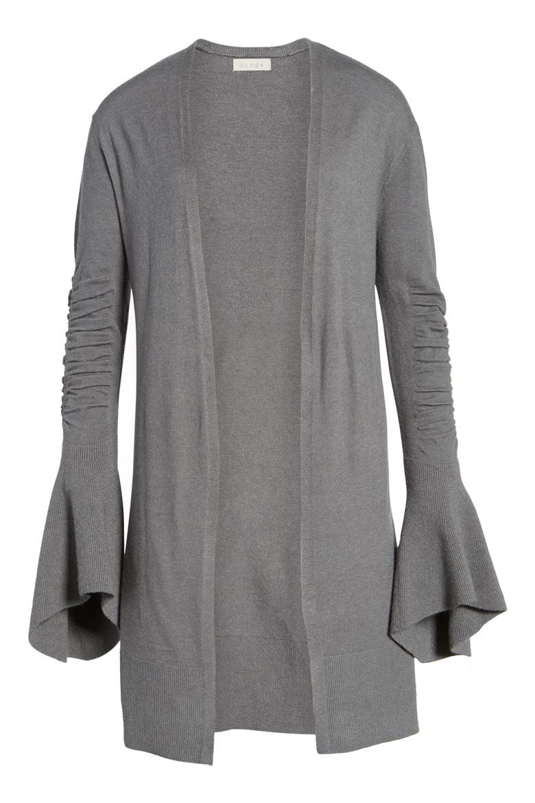 Ruched Bell Sleeve Cardigan, Alternate, color, GREY DARK HEATHER