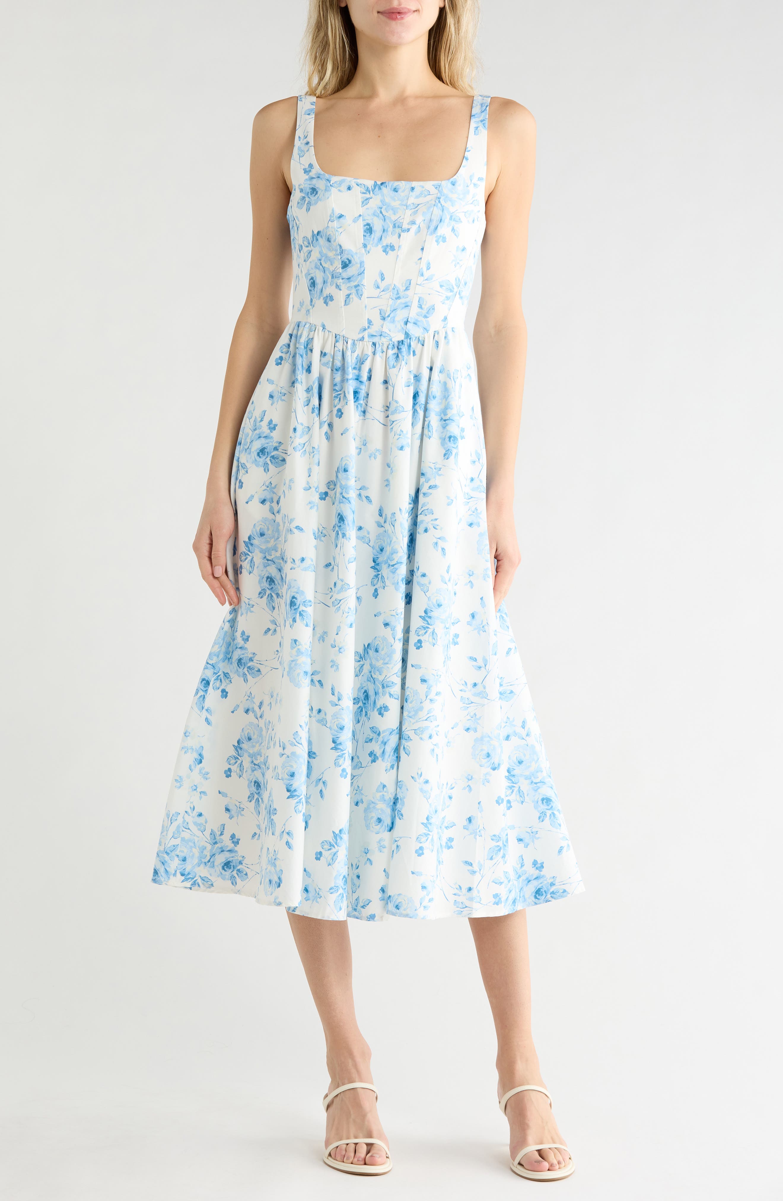 WAYF Floral Corset Midi Dress