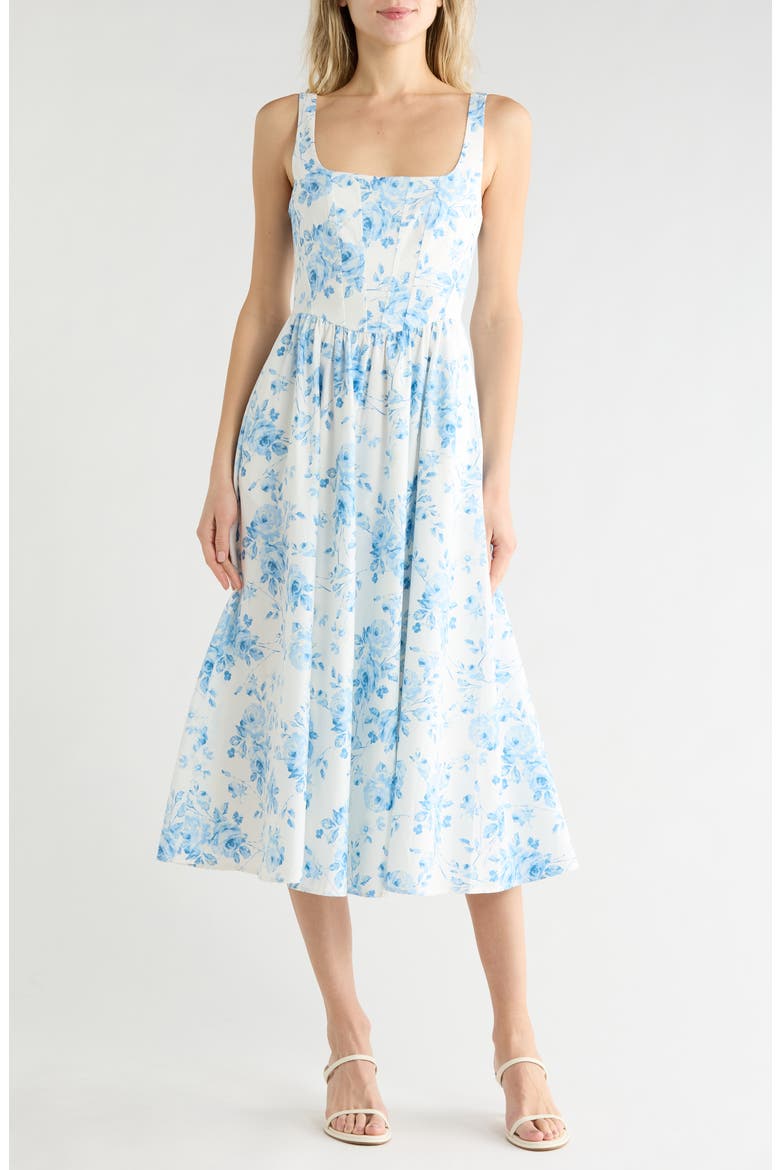 Floral Corset Sleeveless Midi Dress, Main, color, BLUE TOILE ROSES