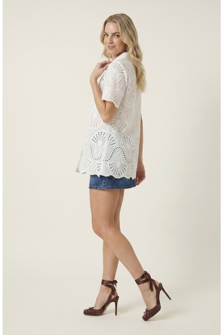 Scalloped Eyelet Shirt with Coastal Shell Motif, Alternate, color, White