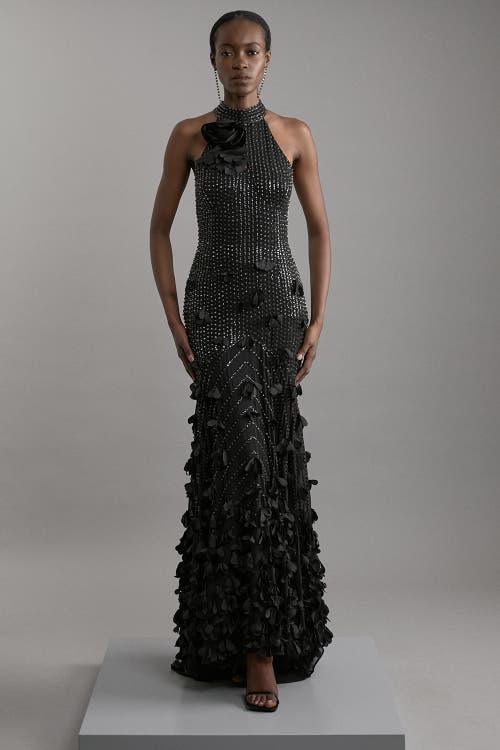 Karen Millen Woven Maxi Rosette Maxi Dress In Black