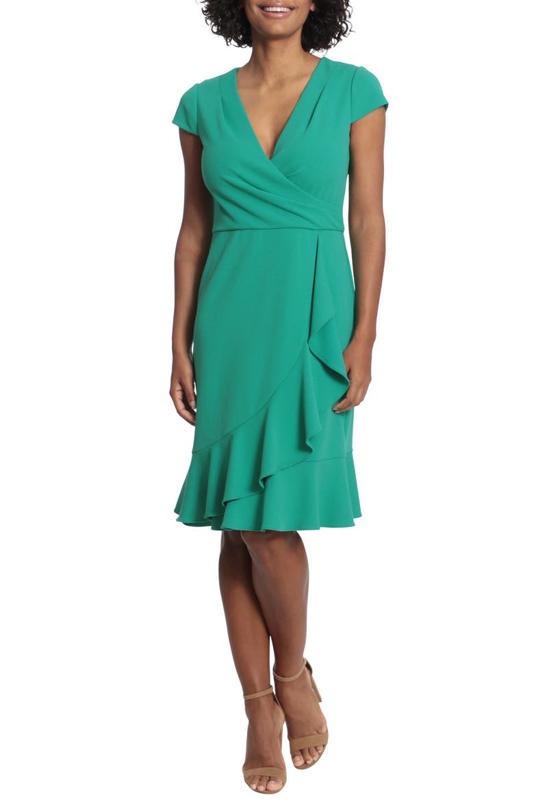 Cap Sleeve Ruffle Faux Wrap Dress, Main, color, MEDIUM GREEN