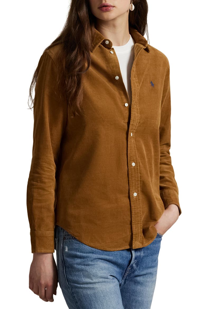 Fine Wale Cotton Corduroy Button-Up Shirt, Main, color, CLA TAN