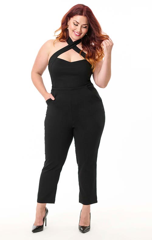 Unique Vintage Plus Size Criss Cross Halter Jumpsuit In Black