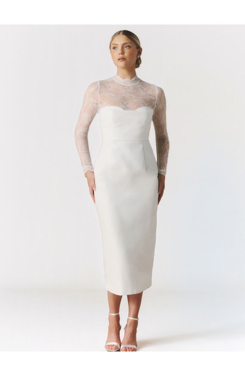 Six Stories Lace Sleeve Cup Detail Midi Dress, Main, color, White