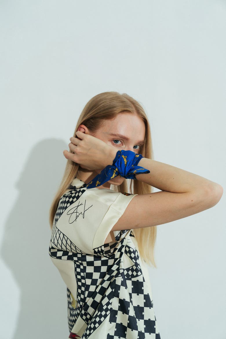"Journey" Silk Twill Skinny Scarf by SHANTALL LACAYO, Alternate, color, Electric Blue