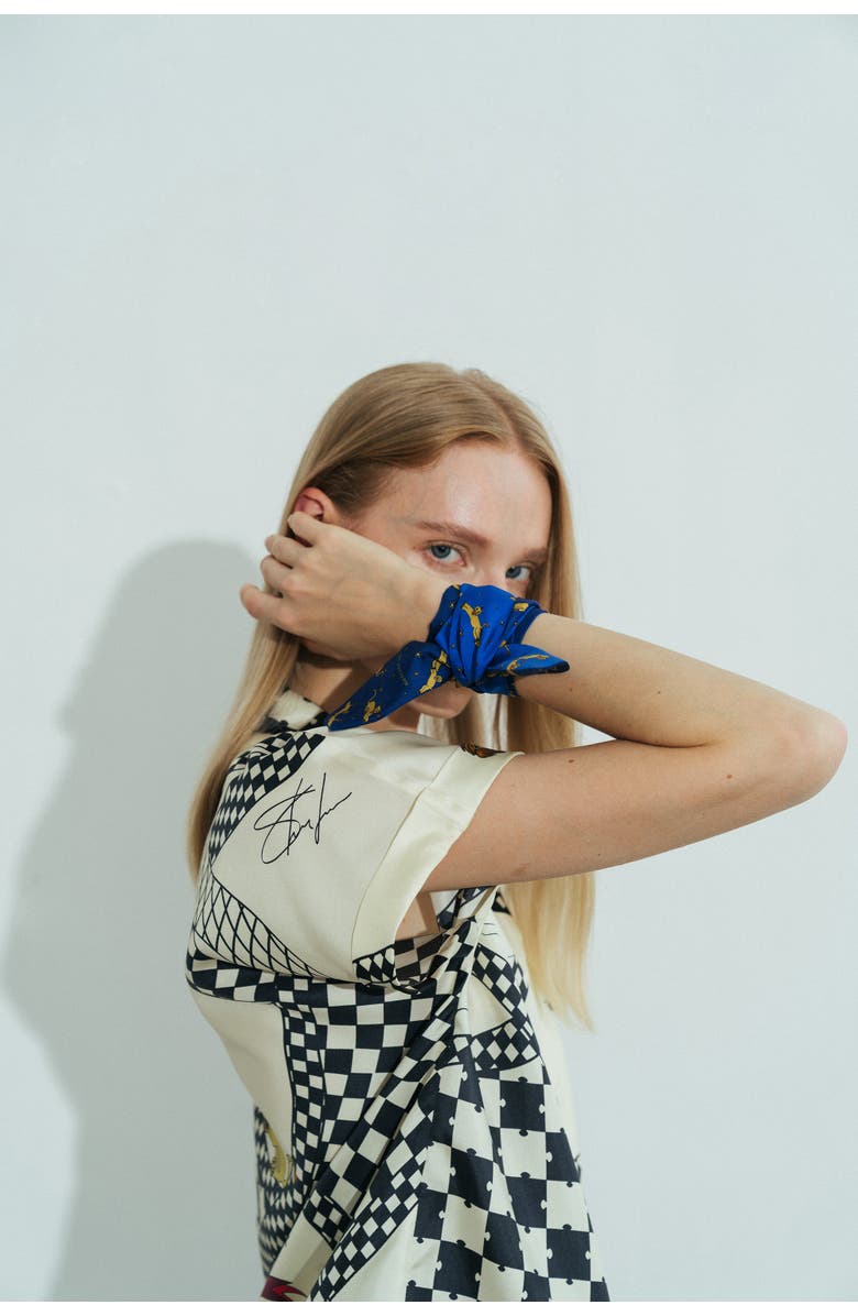 Lost Pattern "Journey" Silk Twill Skinny Scarf by SHANTALL LACAYO, Alternate, color, Electric Blue