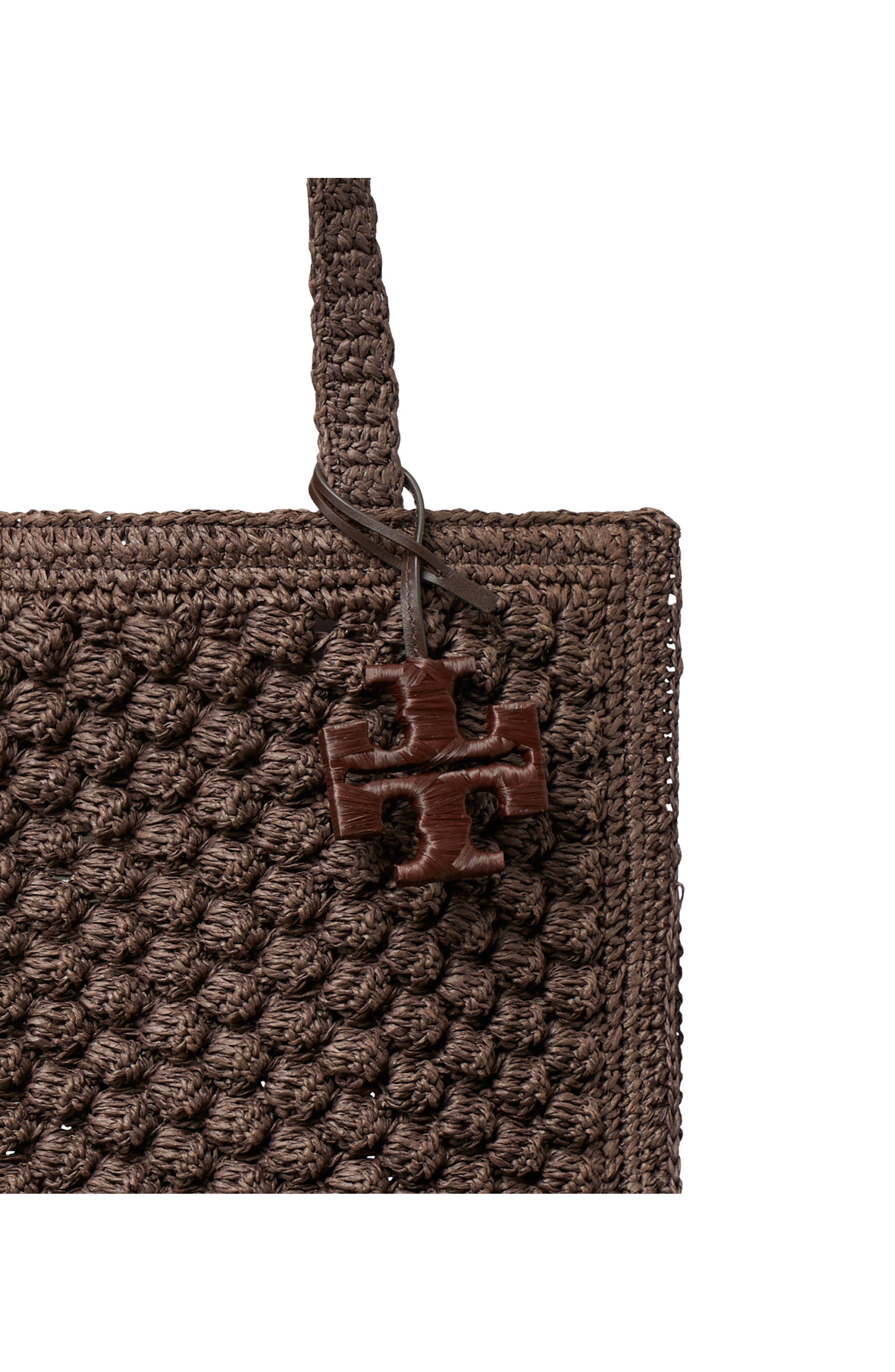 Tory Burch Ella Hand Crochet Straw Bag, Alternate, color, Dark Cocoa