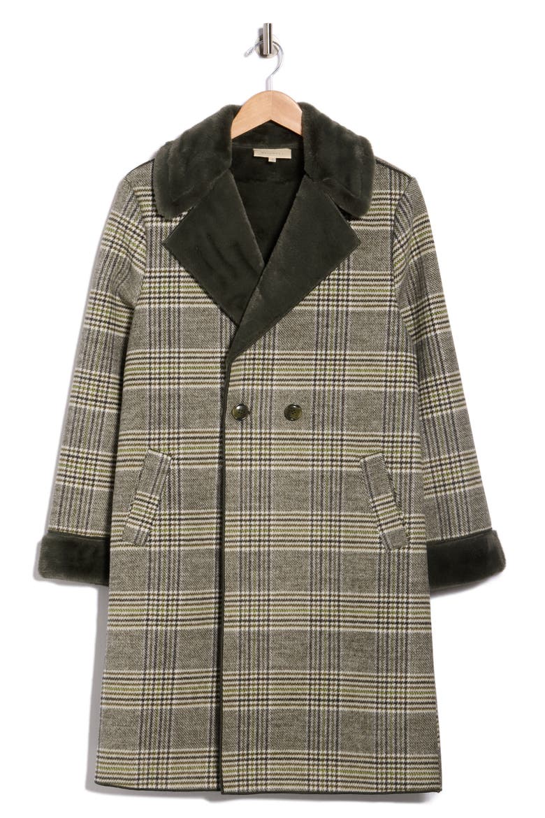 Plaid Faux Fur Trim Coat, Alternate, color, GREEN PLAID