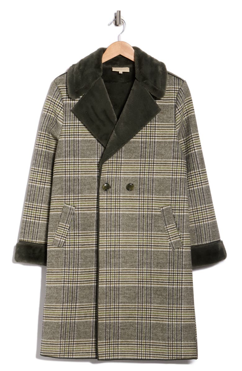 MELLODAY Plaid Faux Fur Trim Coat, Alternate, color, Green Plaid