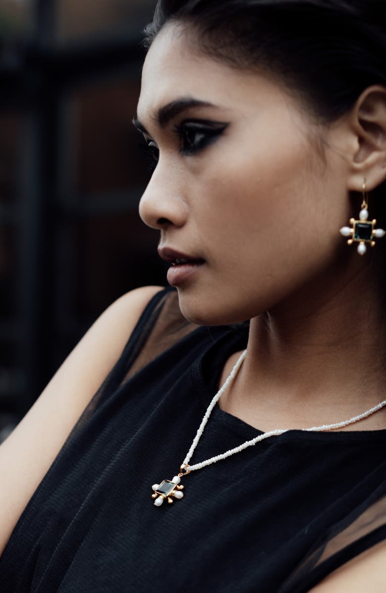 Freya Rose Seed Pearl Necklace with Green Quartz Cross Pendant, Alternate, color, Ivory